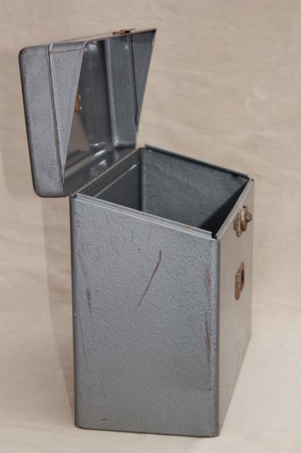 vintage industrial steel file box, portable office file or desk paper cabinet