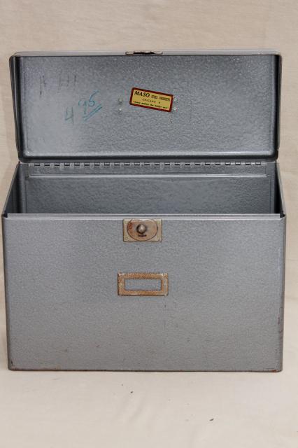 vintage industrial steel file box, portable office file or desk paper cabinet