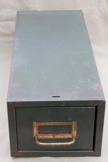 vintage industrial steel file card catalog, machine age index card file box w/ olive drab paint
