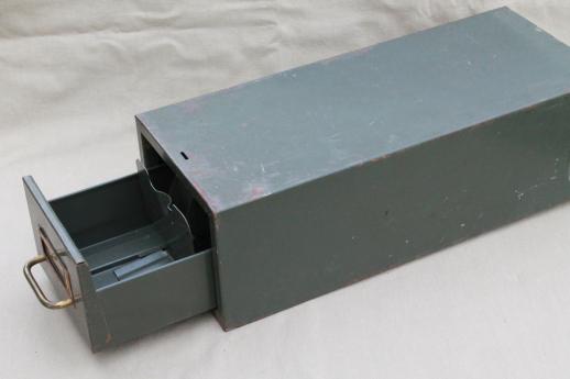 vintage industrial steel file card catalog, machine age index card file box w/ olive drab paint