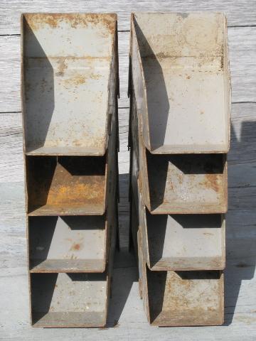 vintage industrial steel parts sorting / storage bins, stacking shop boxes