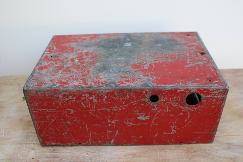 vintage industrial steel storage box w/ worn red paint, rustic holiday decor