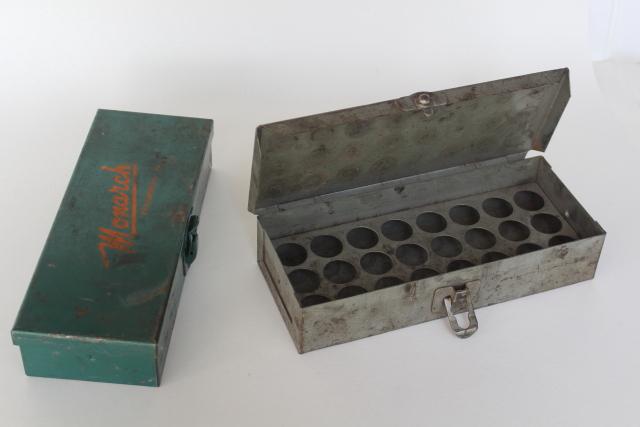 vintage industrial tool boxes for small hardware, Monarch & Delavan parts storage racks