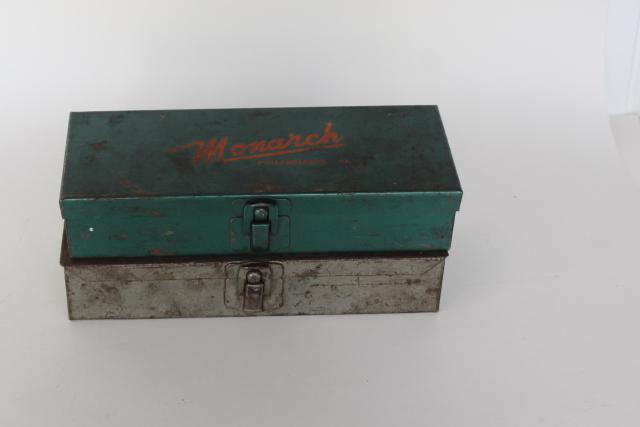 vintage industrial tool boxes for small hardware, Monarch & Delavan parts storage racks
