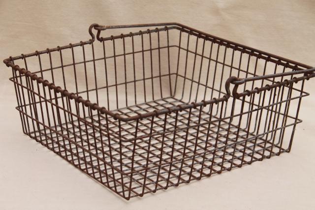 vintage industrial wire basket, square metal parts bin tool box w/ handle