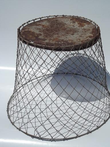 vintage industrial wire wastebasket, shabby old wire work basket for shade?