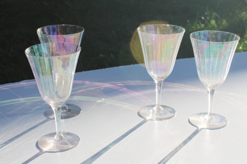 vintage iridescent luster glass stemware, set of 4 water goblets or wine glasses