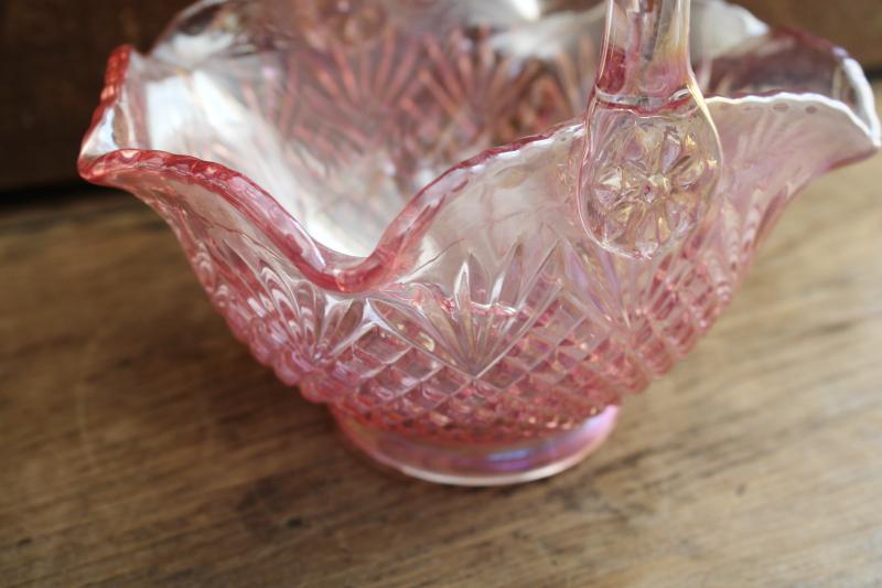 vintage iridescent pink opalescent glass basket pineapple fine cut & fan pattern