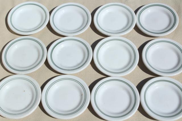 vintage ironstone butter pats, set 12 tiny butter pat plates, green band restaurant china