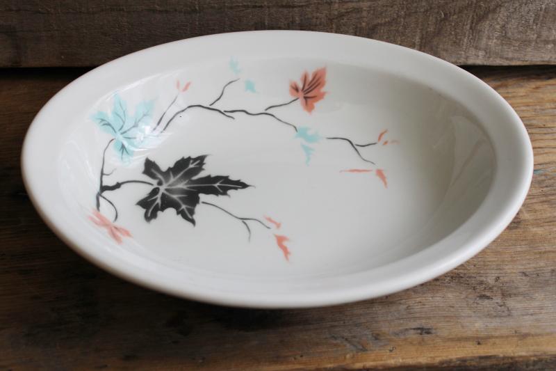 vintage ironstone china bowl, art deco style leaves in blush pink & mint green