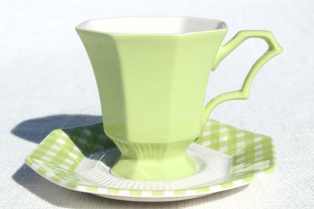 vintage ironstone china dinnerware, green & white gingham checked dishes 1970s Japan