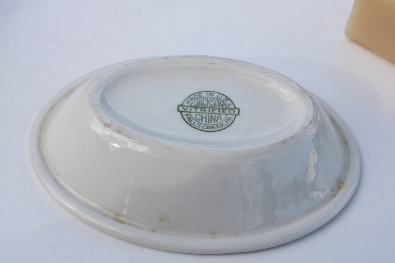 vintage ironstone soap dish, white china w/ forest green band