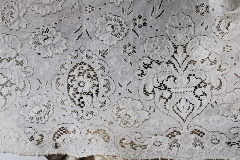 vintage ivory cotton lace tablecloth 66 x 84, french country style floral shabby chic
