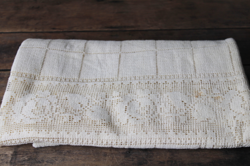 vintage ivory cotton lace tablecloth net w/ roses border, shabby chic upcycle fabric