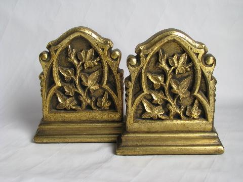 vintage ivy chalkware bookends, book ends w/ antique florentine gold, Borghese - Italy