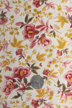 Antique French Floral Laurel Leaf Linen Fabric ~ Soft Raspberry Red Pink Blue 