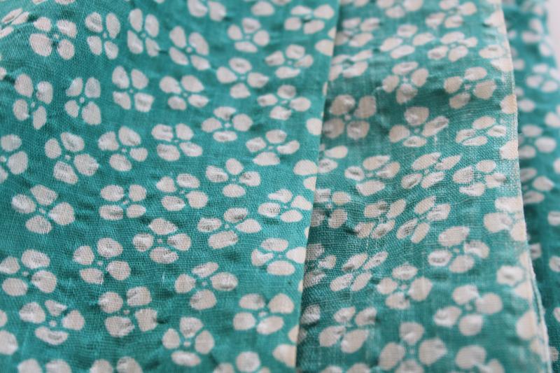 vintage jade green & white print plisse fabric, light crinkle texture cotton