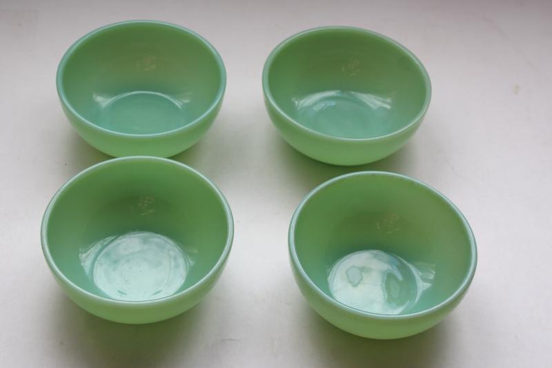 vintage jadeite Fire King heavy glass soup or chili bowls set, jadite green glassware