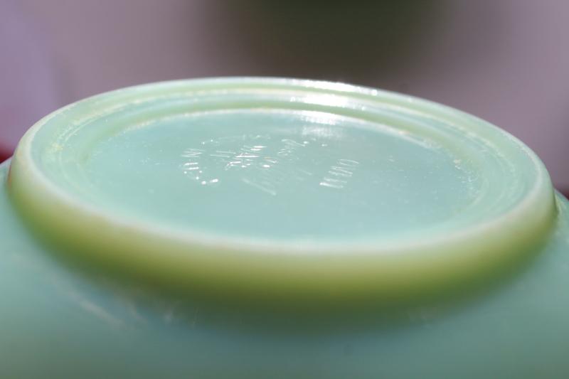 vintage jadeite Fire King heavy glass soup or chili bowls set, jadite green glassware