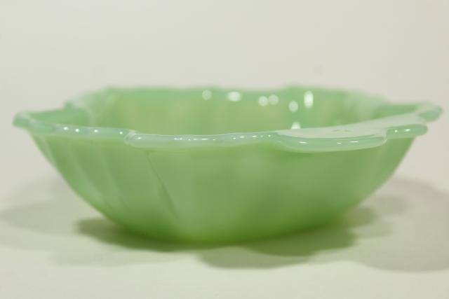 vintage jadite green glassware, leaf shaped dishes Fire King jadeite glass maple leaves