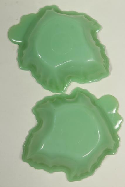 vintage jadite green glassware, leaf shaped dishes Fire King jadeite glass maple leaves