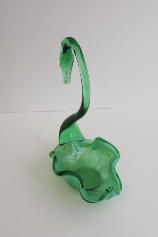 vintage jadite green slag glass swan, hand blown art glass dish or small bowl