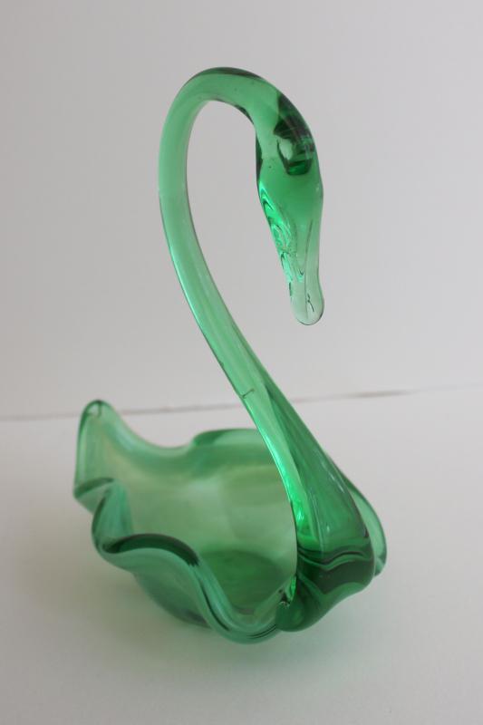 vintage jadite green slag glass swan, hand blown art glass dish or ...