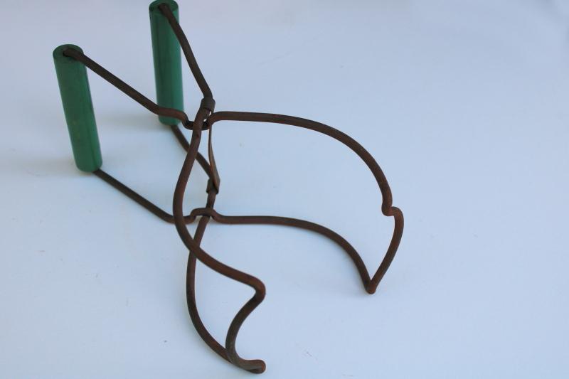 vintage jar lifter canning tongs, old green painted wood handle kitchen tool