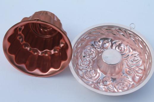 vintage jello mold lot, retro pink & copper tint aluminum pans / molds