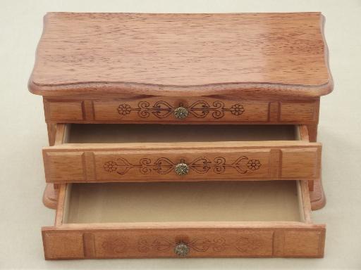 vintage jewelry boxes, two wood chests w/ tiny velvet lined drawers
