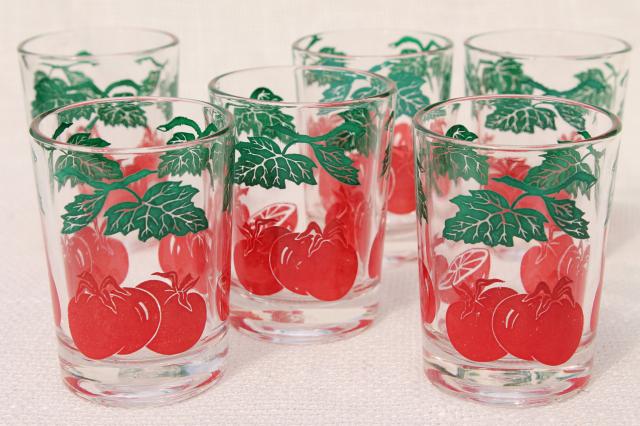 vintage juice glasses set w/ red tomato print, glass tumblers from cheese or jelly jars
