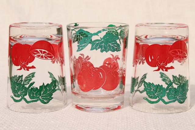 vintage juice glasses set w/ red tomato print, glass tumblers from cheese or jelly jars