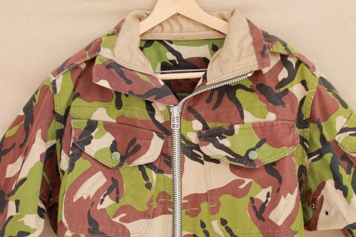 vintage jungle camo jacket, camouflage cotton field coat w/ metal zipper