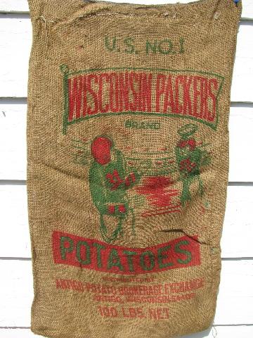 vintage jute potato bag, burlap sack w/ Wisconsin Packers football graphics