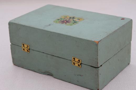 vintage keepsake box, shabby painted wooden box w/ old floral decal on green