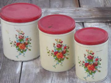 vintage kitchen canister tins, painted metal cansister set w/ flowers