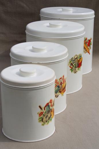 vintage kitchen canisters, metal canister set, tins w/ cute retro decals