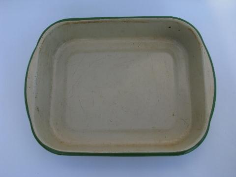 vintage kitchen enamelware, tan / jadite green band baking pan, bowl