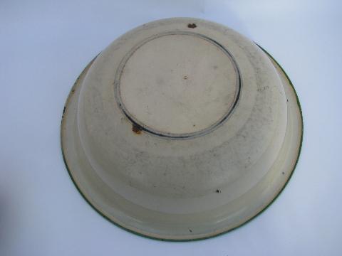 vintage kitchen enamelware, tan / jadite green band baking pan, bowl