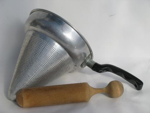 vintage kitchen food mill / juicer, strainer sieve cone and wood masher