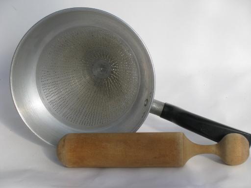vintage kitchen food mill / juicer, strainer sieve cone and wood masher