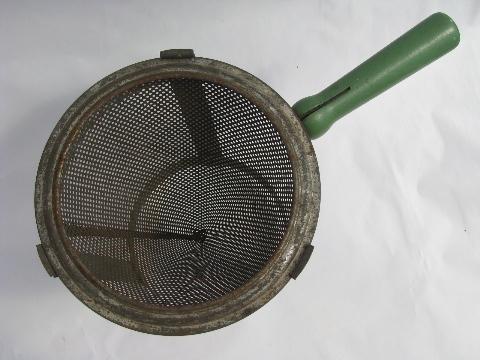 vintage kitchen food mill, tripod stand strainer sieve cone/wood masher