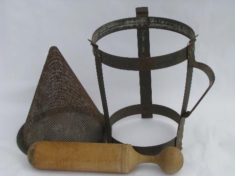 vintage kitchen food mill, tripod stand strainer sieve cone/wood masher