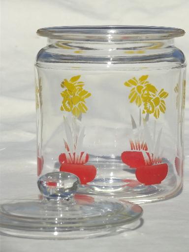 vintage kitchen glass canister jar w/ painted daffodils, swanky swigs style