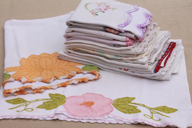 vintage kitchen linens lot, embroidered tea towels, cotton dish towels w/ embroidery