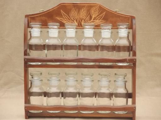 vintage kitchen spice rack, carved wheat wall shelf w/ glass bottles for spices