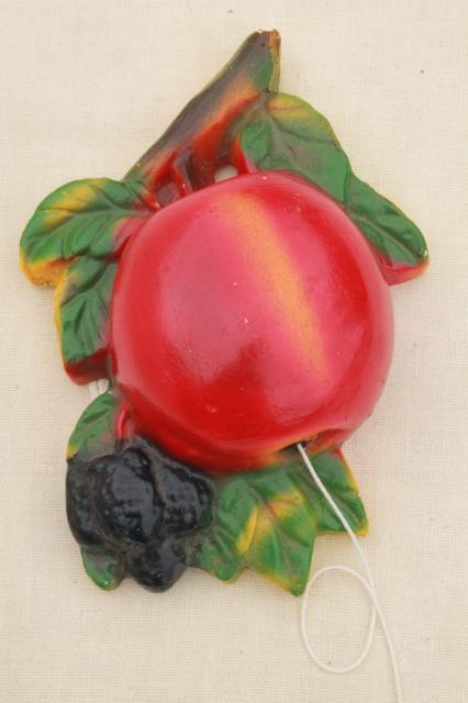 vintage kitchen string holder, big red apple chalkware fruit wall plaque