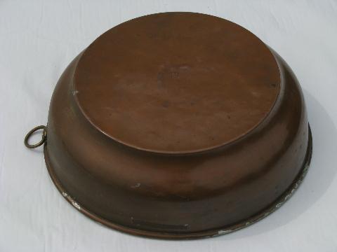 vintage kitchen, tinned copper dairy pan flat bottom bowl