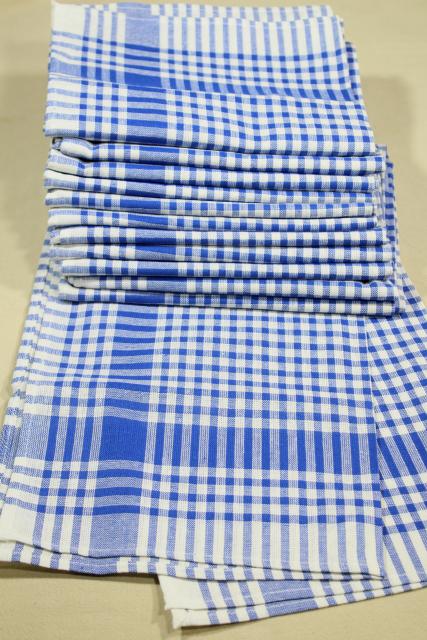 vintage kitchen towels, one dozen blue & white woven gingham checked cotton fabric