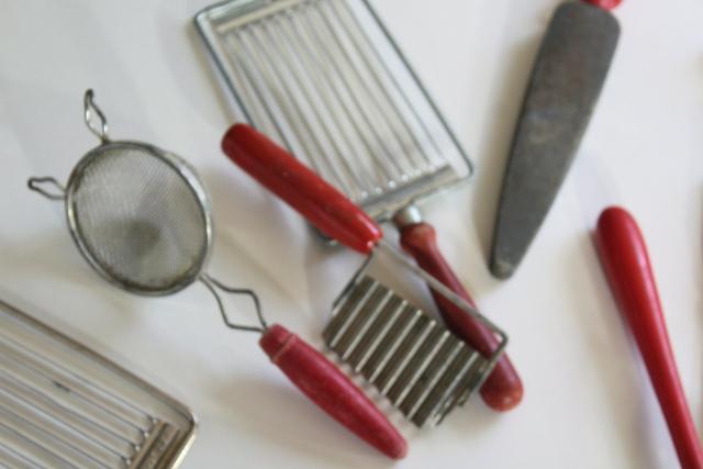 vintage kitchen utensils lot, cherry bakelite & red painted wood handled tools
